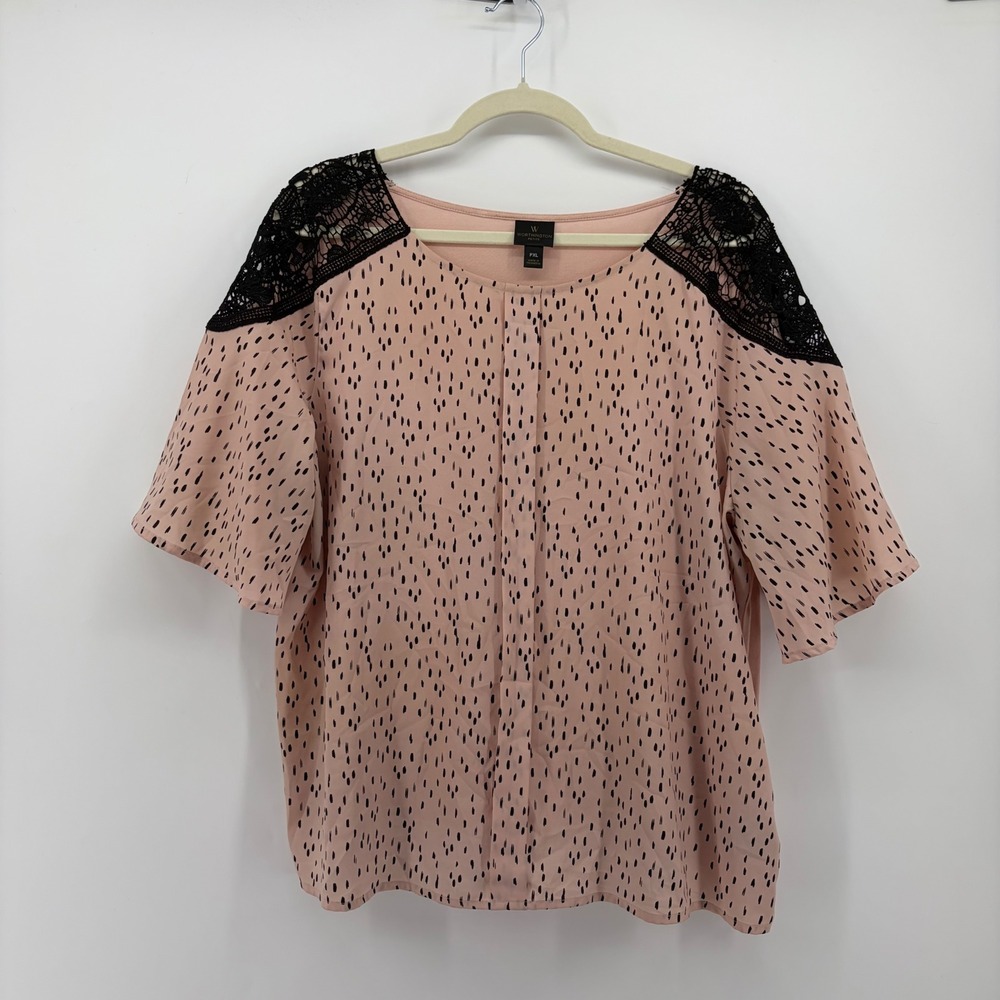 Worthington Womens PXL Pink Dash Blouse Lace Shoulder Mixed Media Top